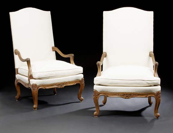 Appraisal: Pair of Louis XV-Style Fruitwood Fauteuils a la Reine late