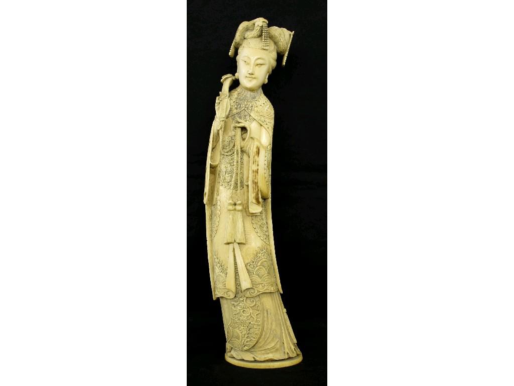 Appraisal: Large th century ivory tusk carved with a female figure