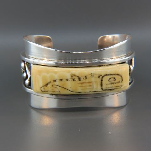 Appraisal: Inuit Indian Sterling Ivory Bracelet scrimshaw whale design cuff style