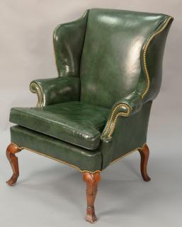 Appraisal: Leather upholstered Queen Anne style wing chair Leather upholstered Queen