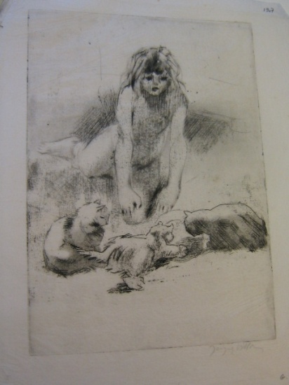 Appraisal: JACQUES VILLON Minne et les chats buvant Etching and aquatint