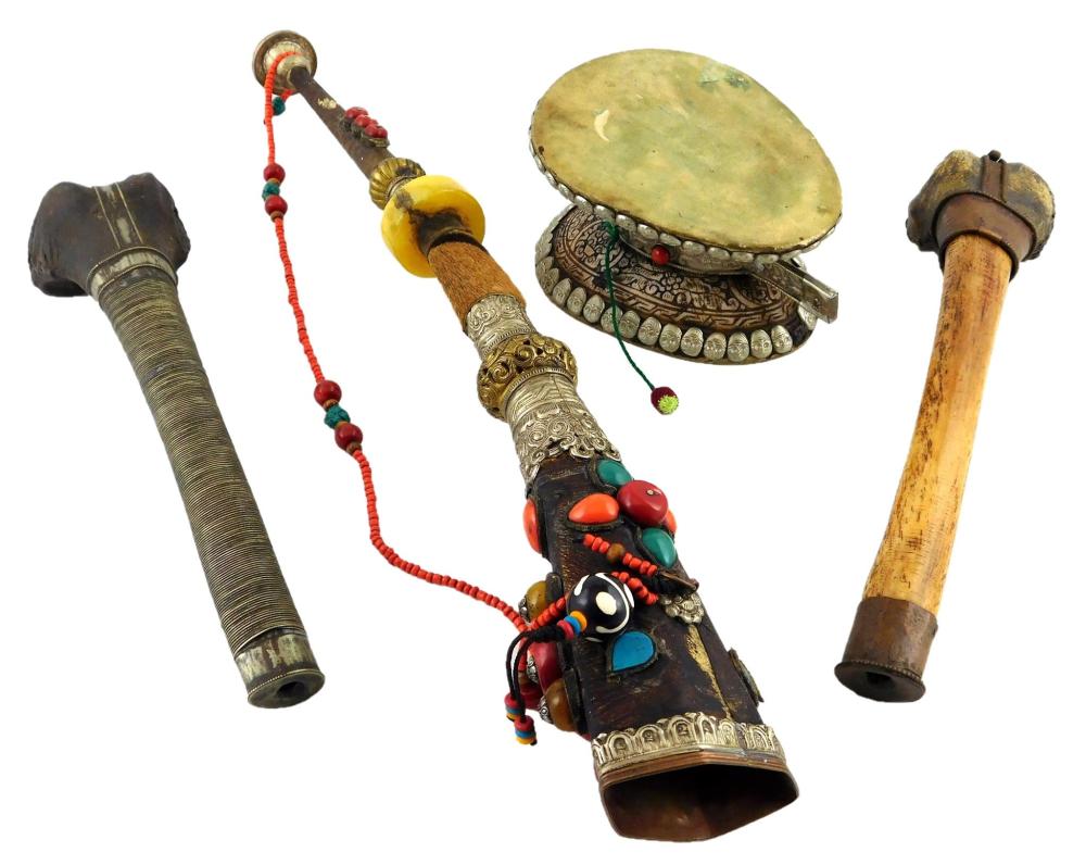 Appraisal: TRIBAL Tibetan Instruments four pieces Himalayas bone metal stone ritual