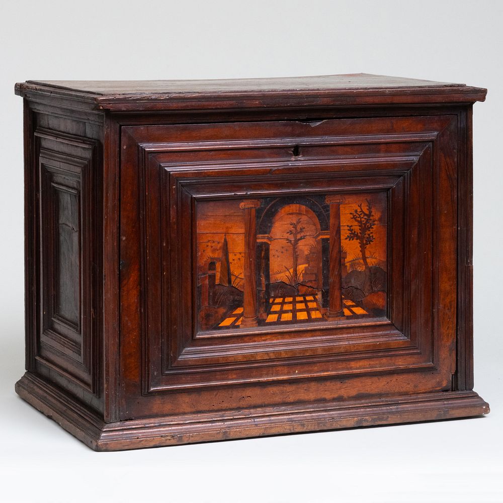 Appraisal: Italian Walnut and Fruitwood Marquetry Table Cabinet Possibly Tuscany The