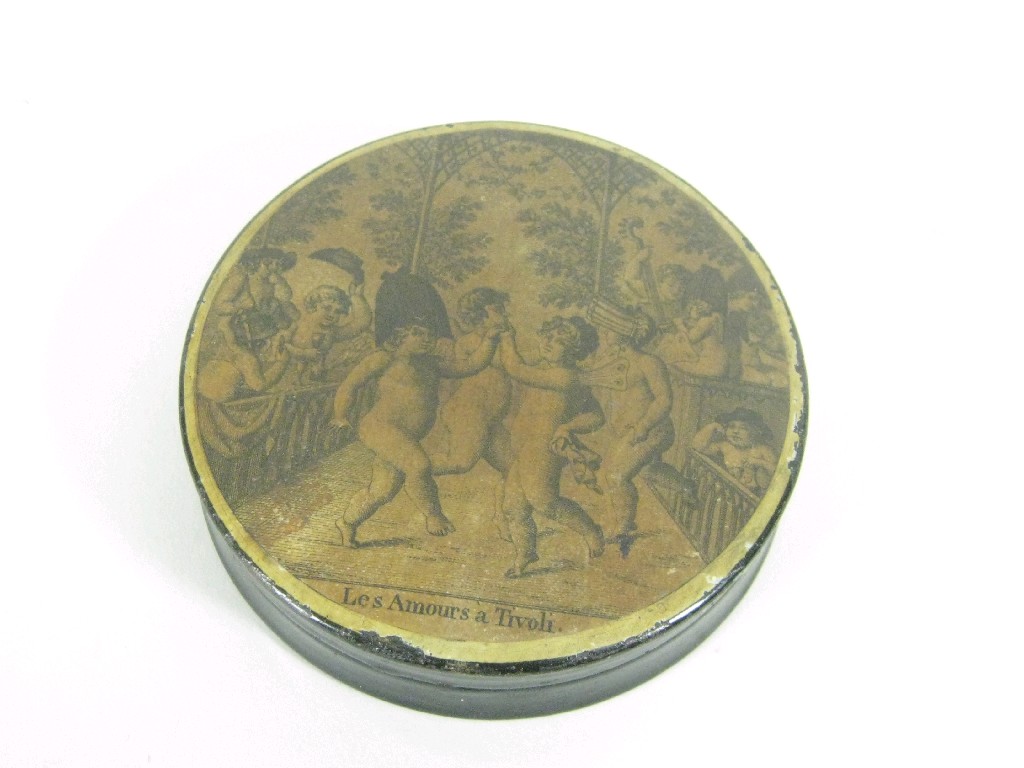 Appraisal: A circular papier mache Patch Box with sepia print to