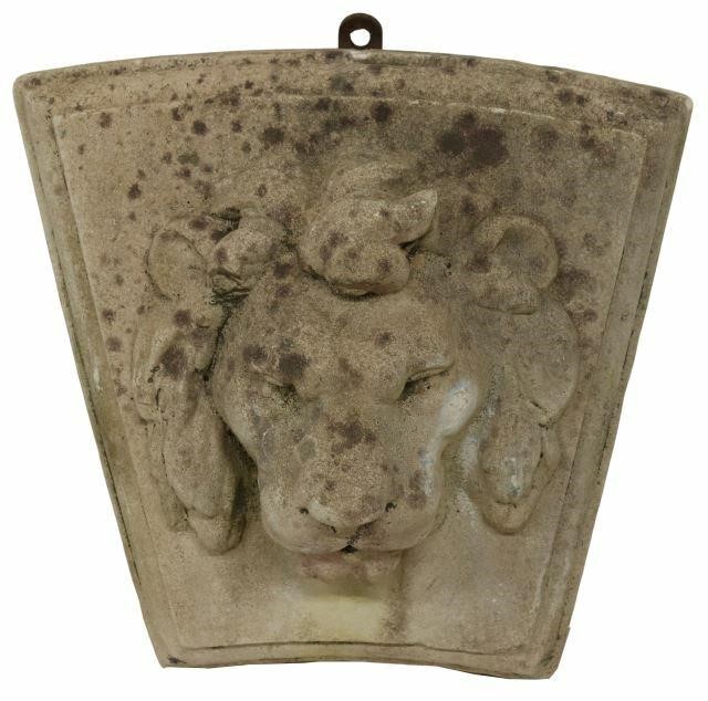 Appraisal: Cast stone lion head wall fountain mid th c key