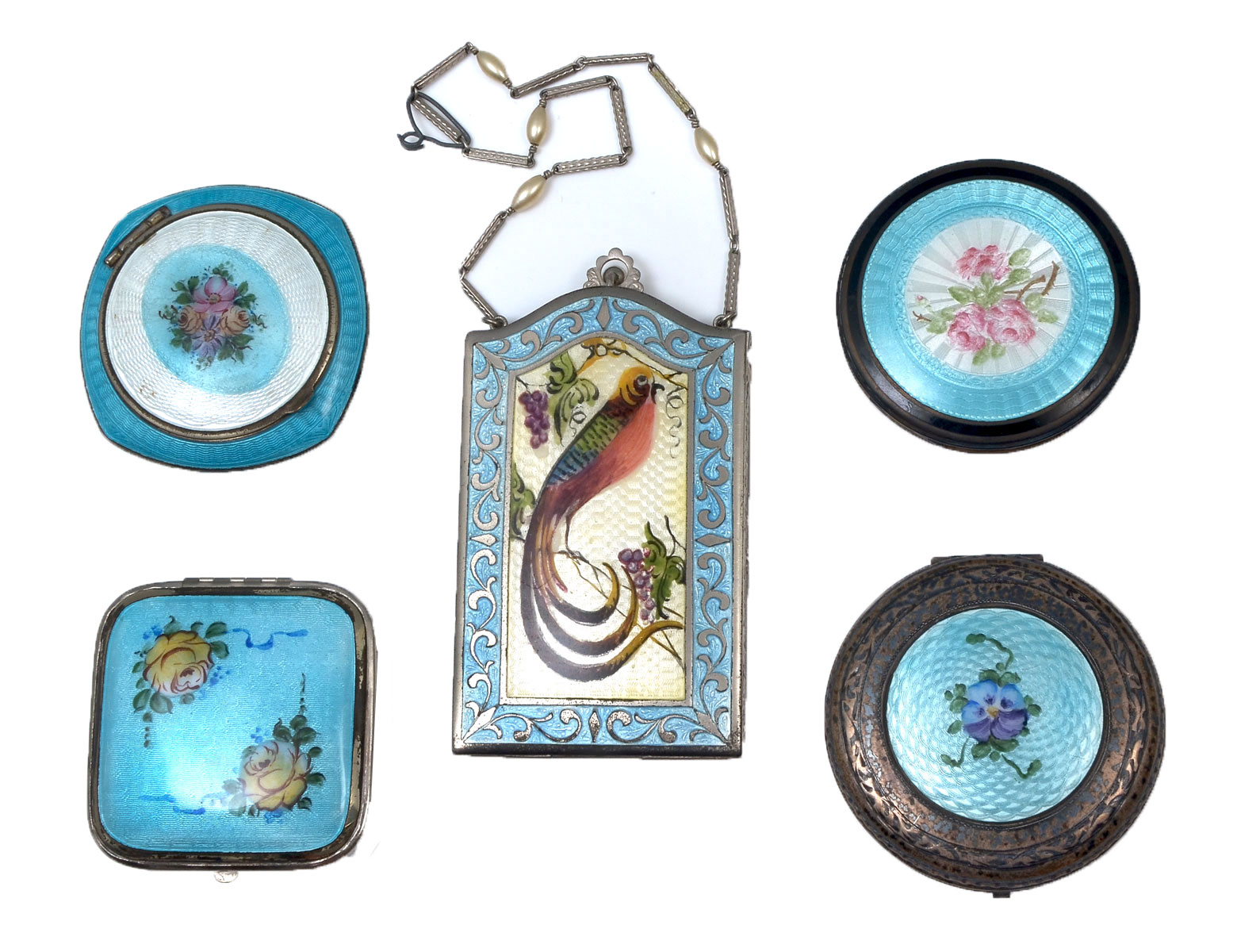 Appraisal: PIECE GUILLOCHE ENAMELED COMPACTS Guilloche compact dance purse necessaire minaudiere