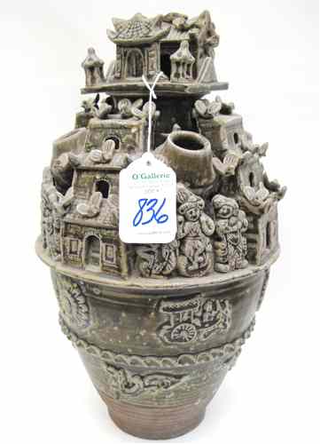 Appraisal: CHINESE POTTERY JAR-SHAPED LANDSCAPE DISPLAY having figures circling the mid-rim