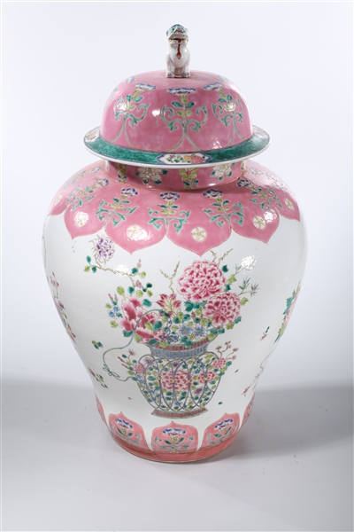 Appraisal: Tall Chinese enameled porcelain covered vase famille rose flowers and