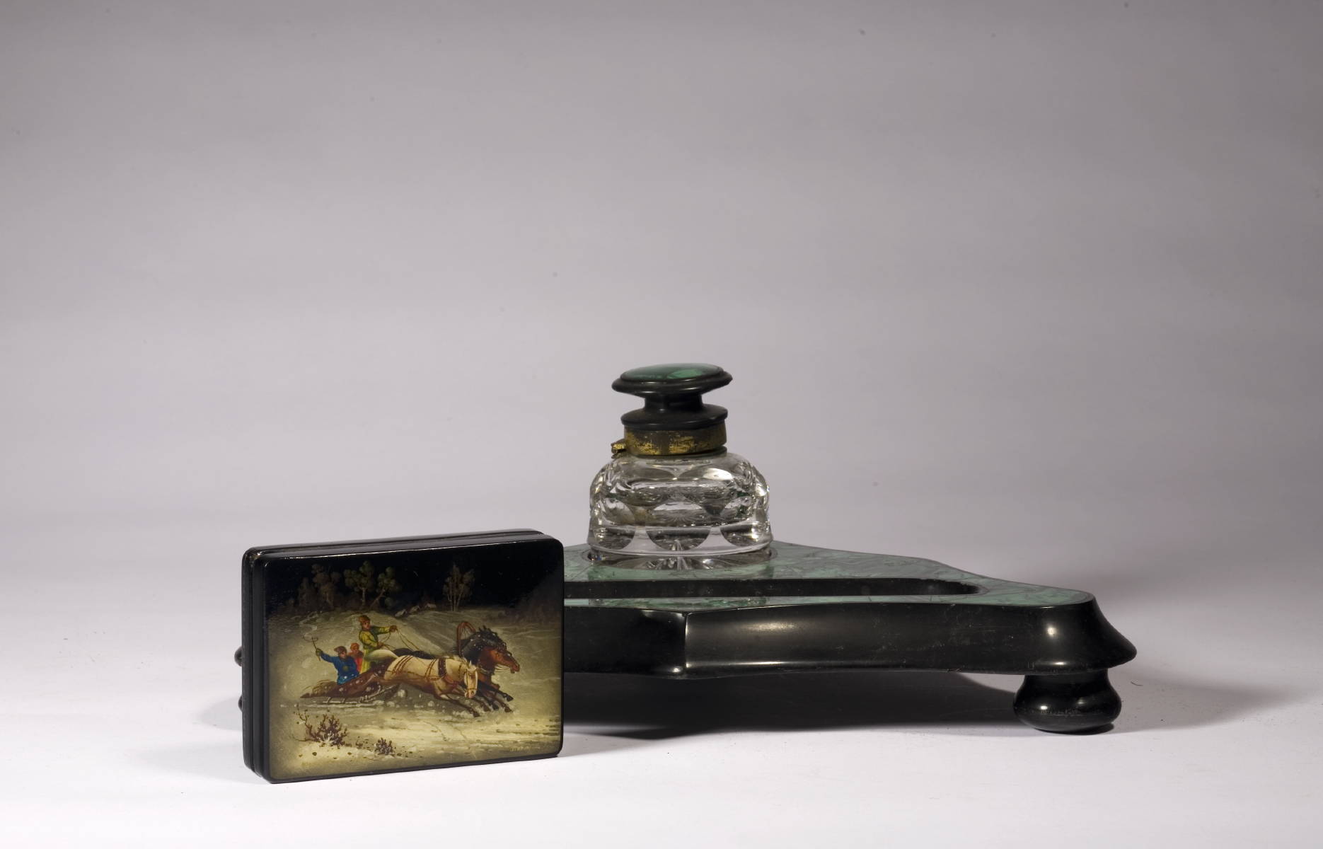 Appraisal: MALACHITE AND SLATE INKWELL AND STAND AND A RUSSIAN LACQUER