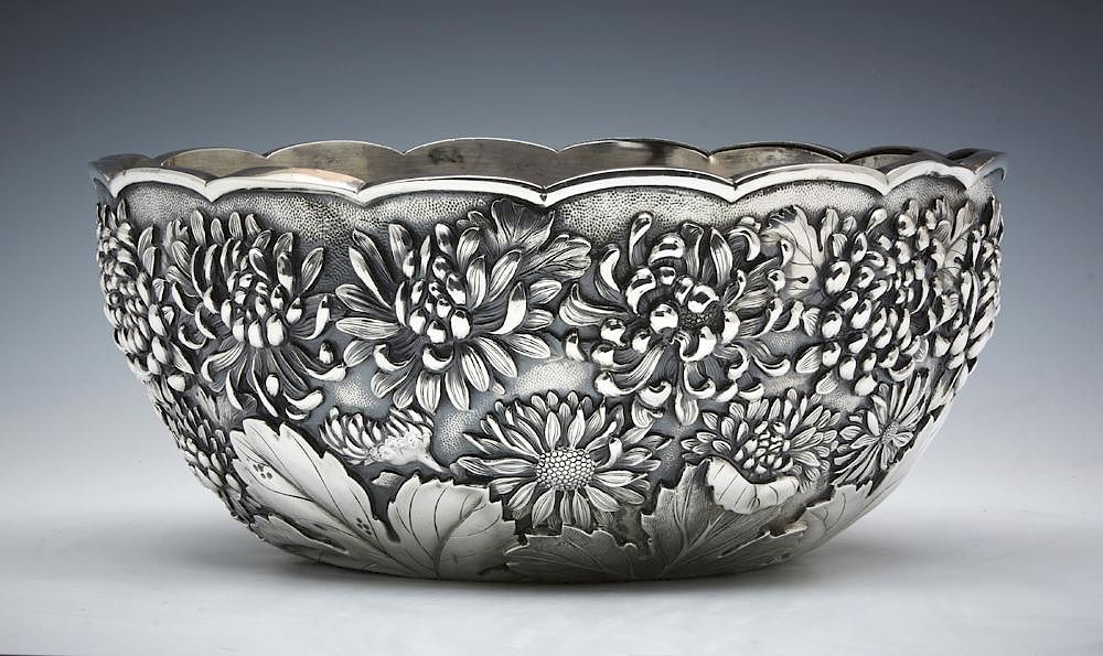 Appraisal: Japanese Sanju-Saku silver double walled peony center piece bowl Japanese