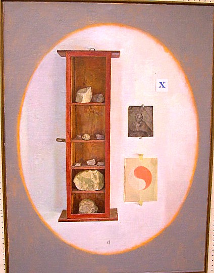 Appraisal: th C oil on canvas red shelved cabinet with rocks