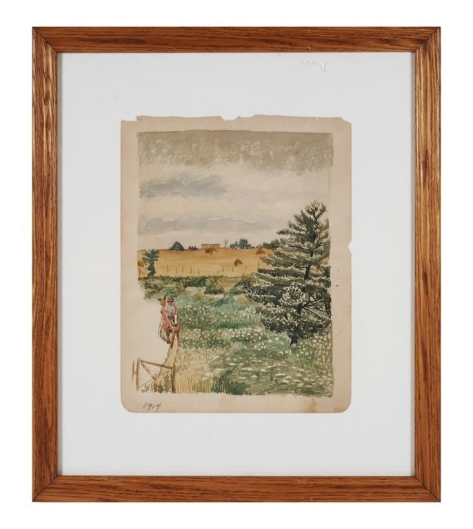 Appraisal: Watercolor on paper showing a landscape with children on a