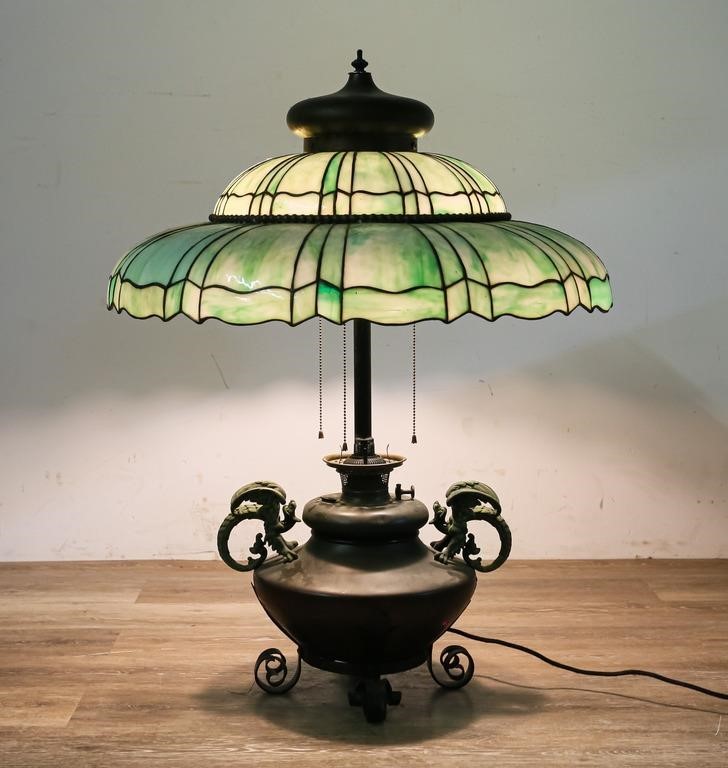 Appraisal: Bradley Hubbard cast iron dragon table lamp with green slag