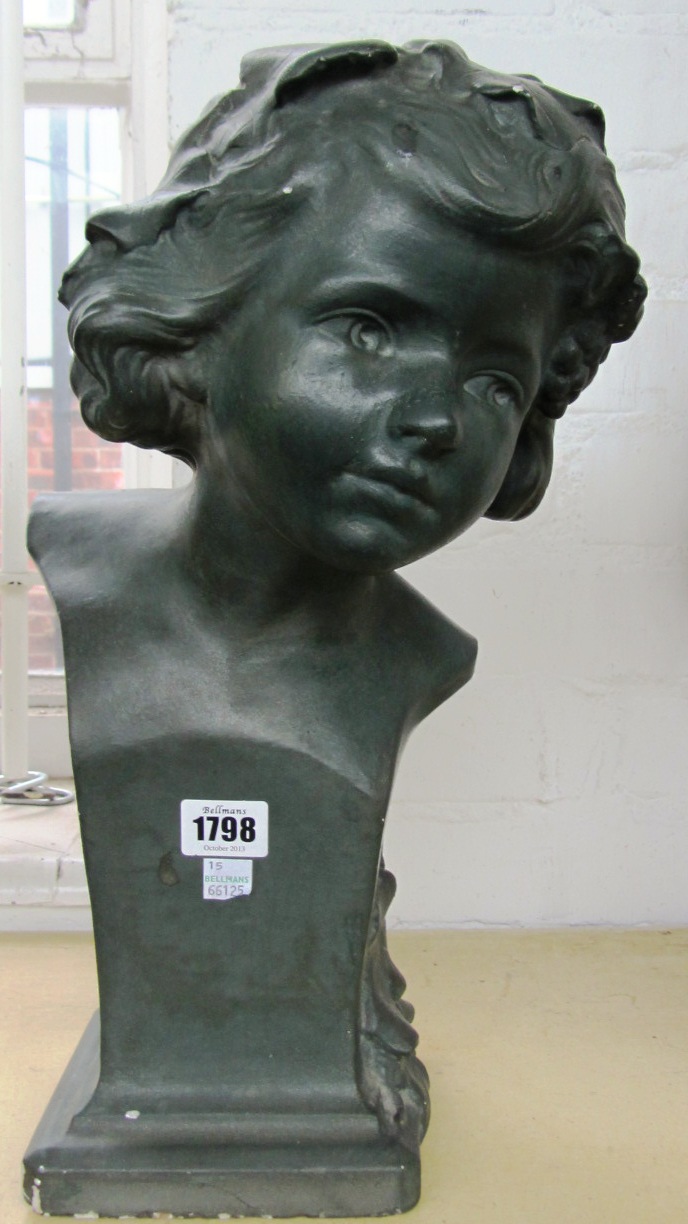 Appraisal: A bronzed alabaster bust of a young girl signed F