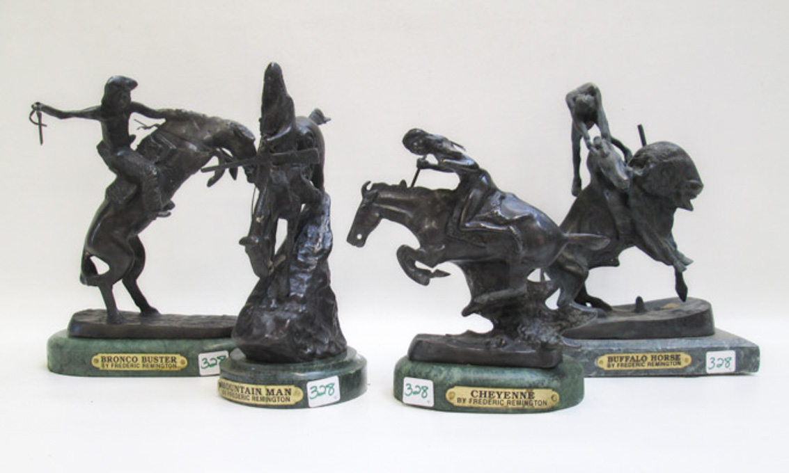 Appraisal: FOUR REMINGTON STYLE BRONZE SCULPTURES titled Mountain Man Buffalo Horse