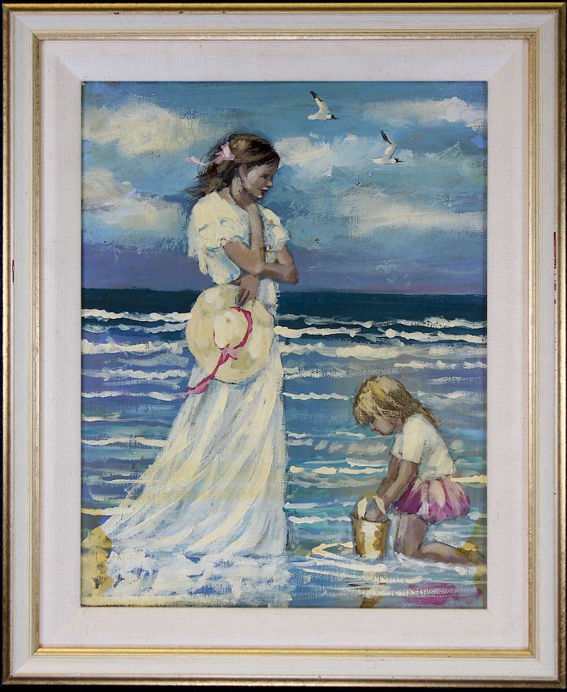 Appraisal: American School th C Mother and Child at Beach American