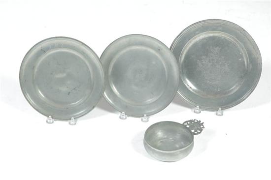 Appraisal: FOUR PIECES OF PEWTER Nineteenth century Three plates with European