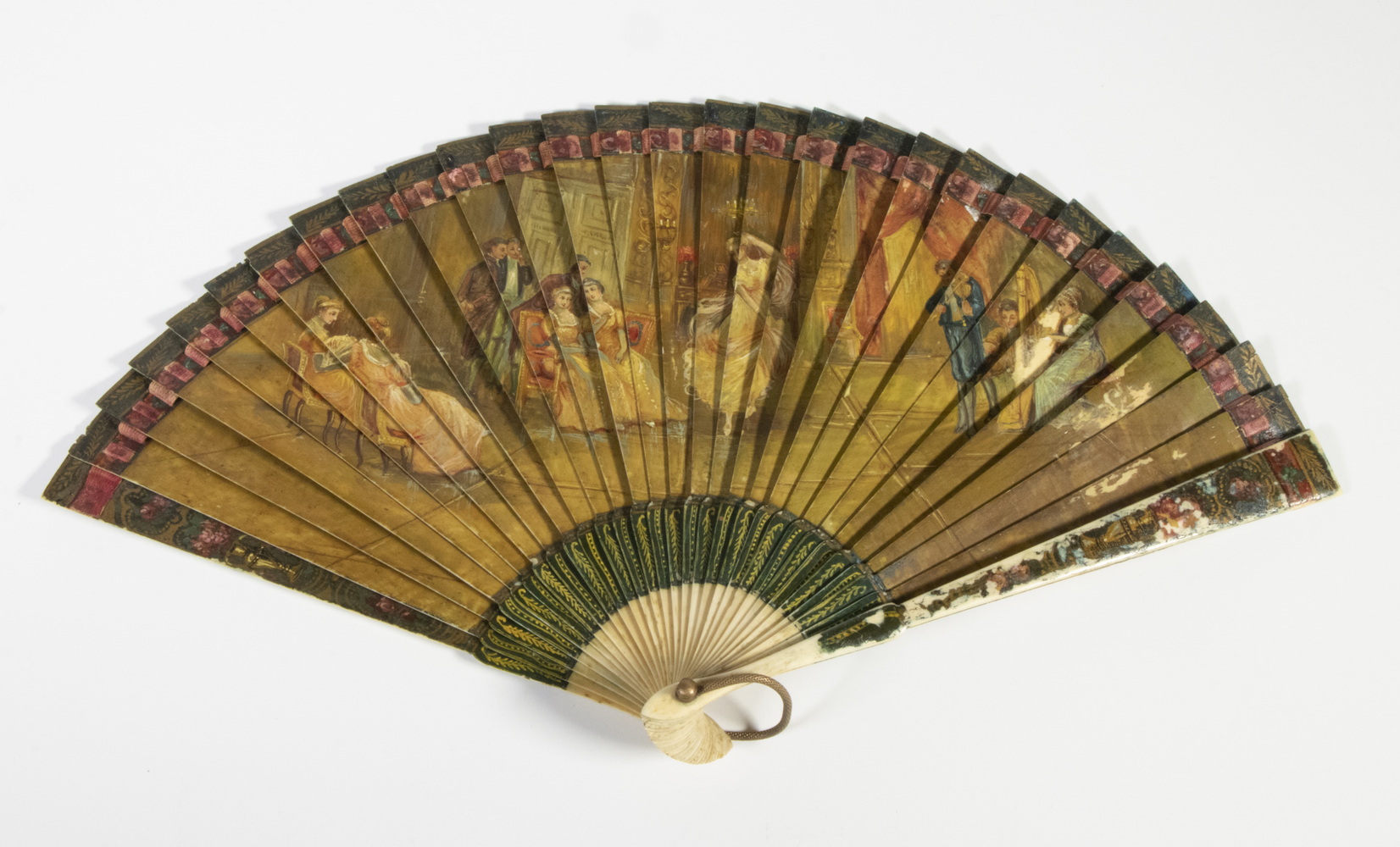 Appraisal: CIRCA 'S FRENCH HANDPAINTED LADIES IVORY HAND FAN Decorated in