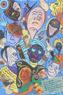 Appraisal: C WAHRMAN Colorful FACES Abstract Painting Colla C WAHRMAN Colorful