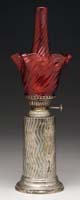 Appraisal: SILVER PLATED BASE MINI LAMP WITH MATCHING CRANBERRY SHADE CHIMNEY