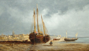 Appraisal: Norwich School th century- Beached fishing vessels with a coastal