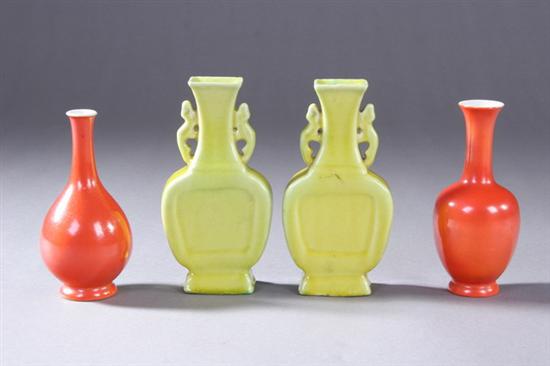 Appraisal: TWO CHINESE IRON RED PORCELAIN VASES Together with two yellow