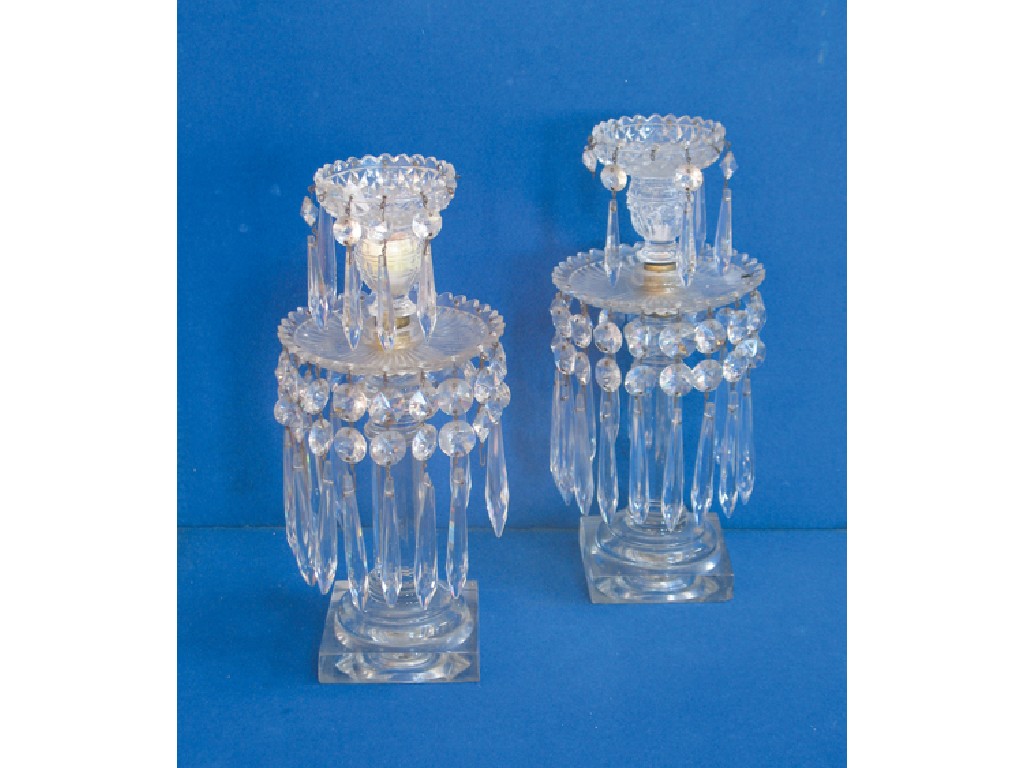 Appraisal: A PAIR OF CUT-GLASS TABLE CHANDELIERS the dished cut sconces