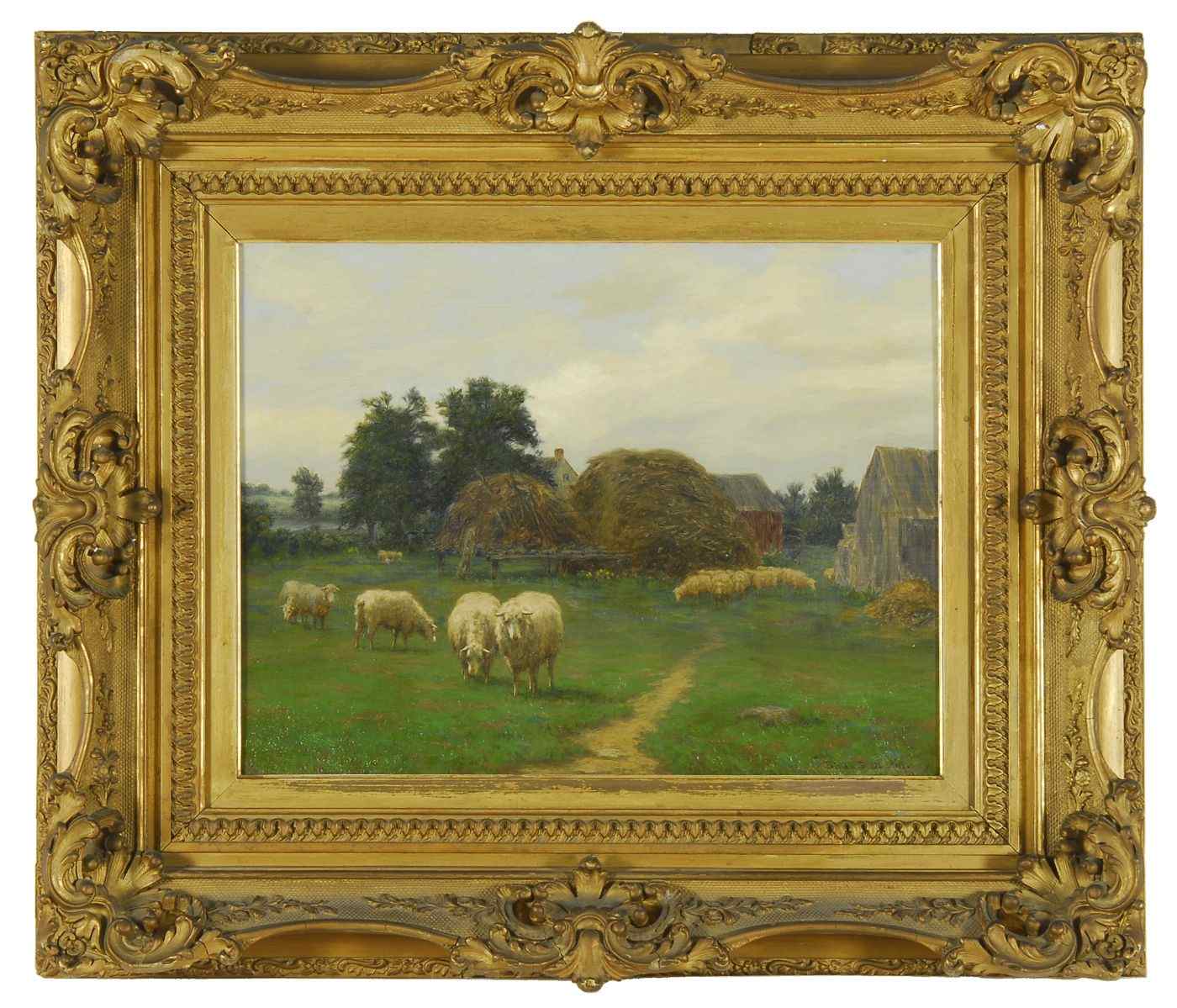 Appraisal: SILAS S DUSTINAmerican - Farmyard scene with grazing sheep Signed