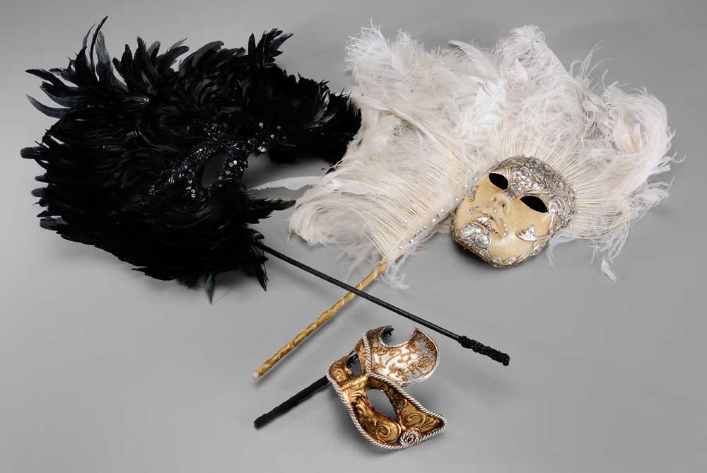 Appraisal: Three Masks one black-sequined with black feather surround label for