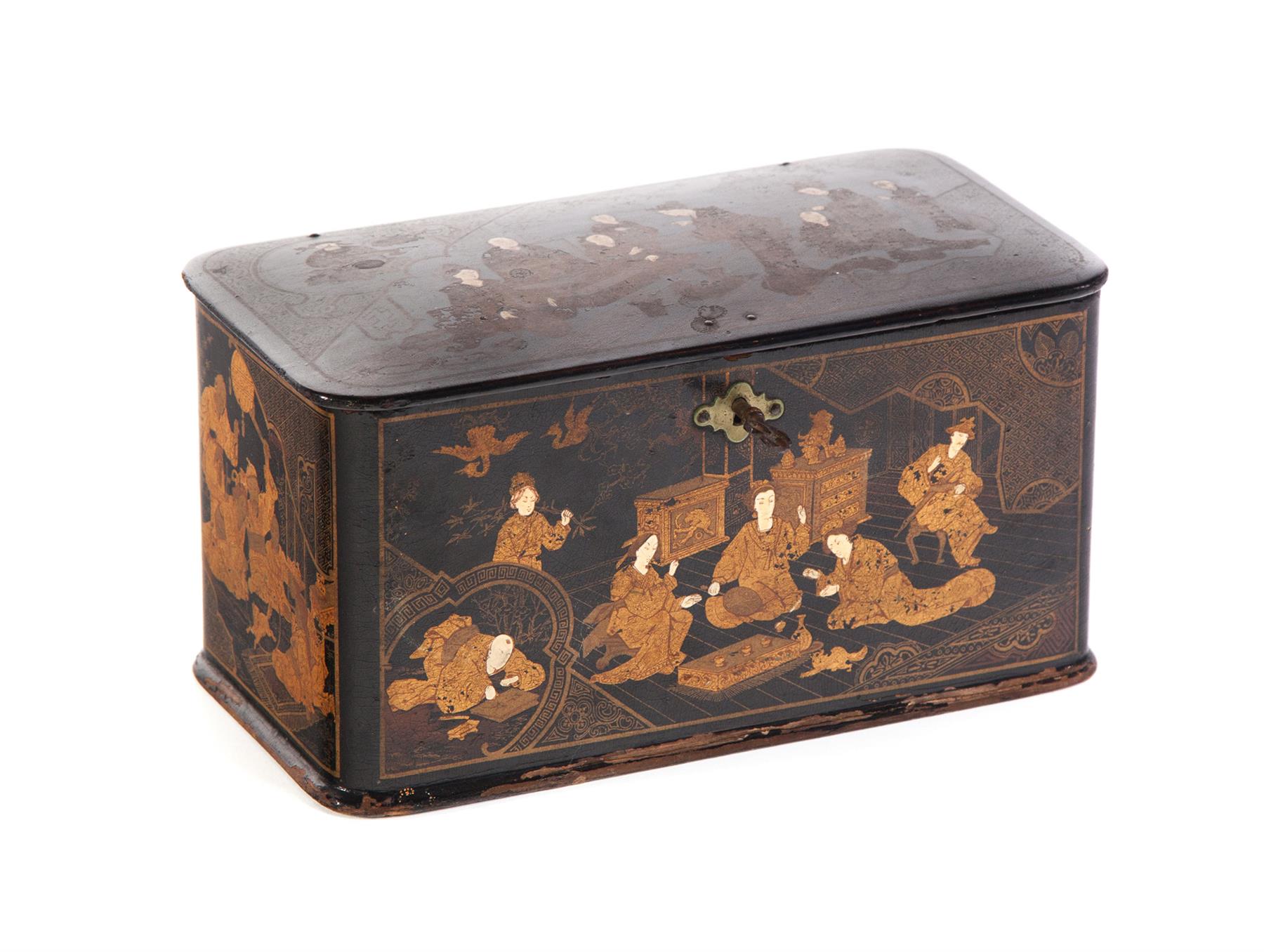 Appraisal: BLACK LACQUER CHINOISERIE TEA CADDY China ca Beautifully decorated in