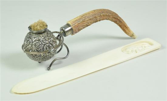 Appraisal: Sterling Gimbaled Lamp With horn handle Repoussed font long Together