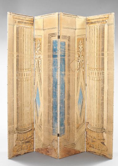 Appraisal: Tall French Four-Panel Polychromed Burlap Folding Screen in the Louis