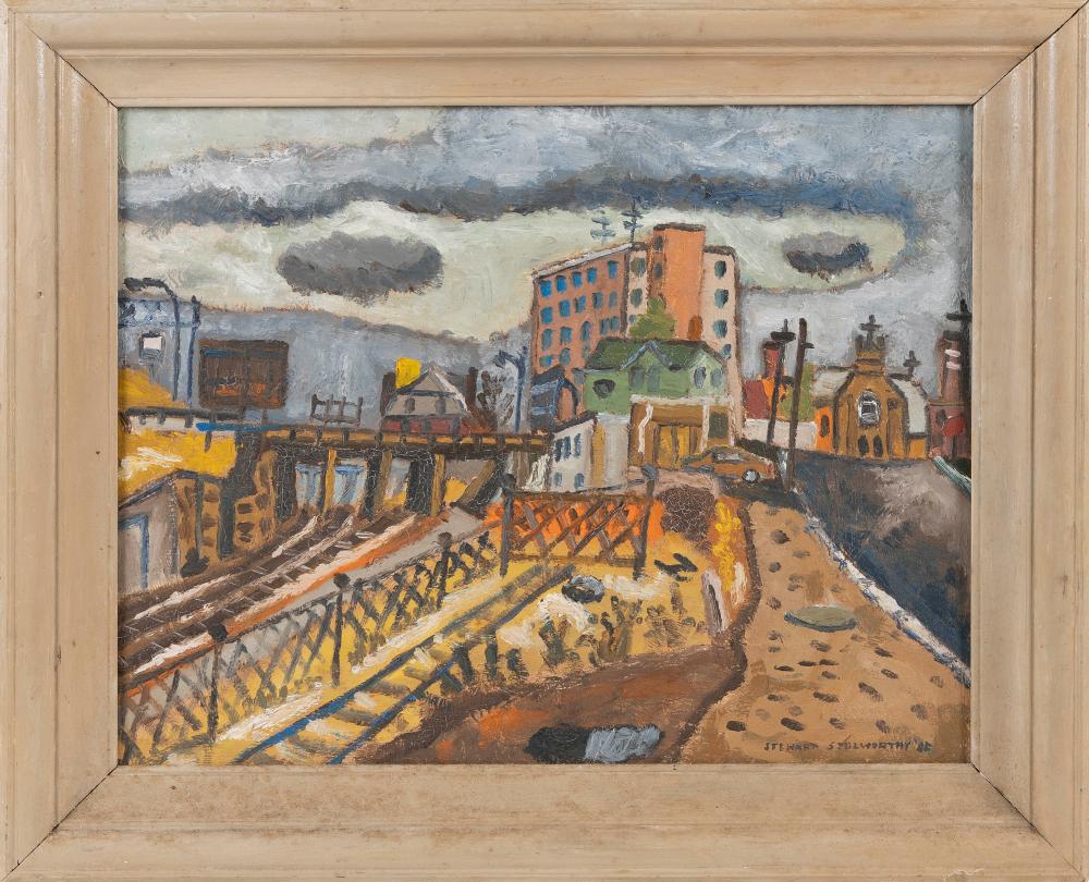 Appraisal: STEWART STOLWORTHY AMERICA TH CENTURY CITY SCENE WITH RAILROAD TRACKS