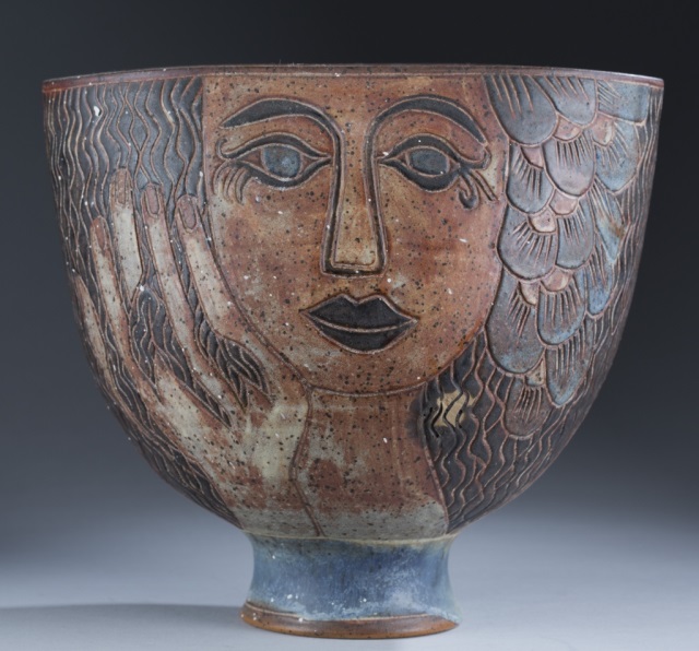 Appraisal: Pinched Vase by David Stewart Depicts a woman's face Signed