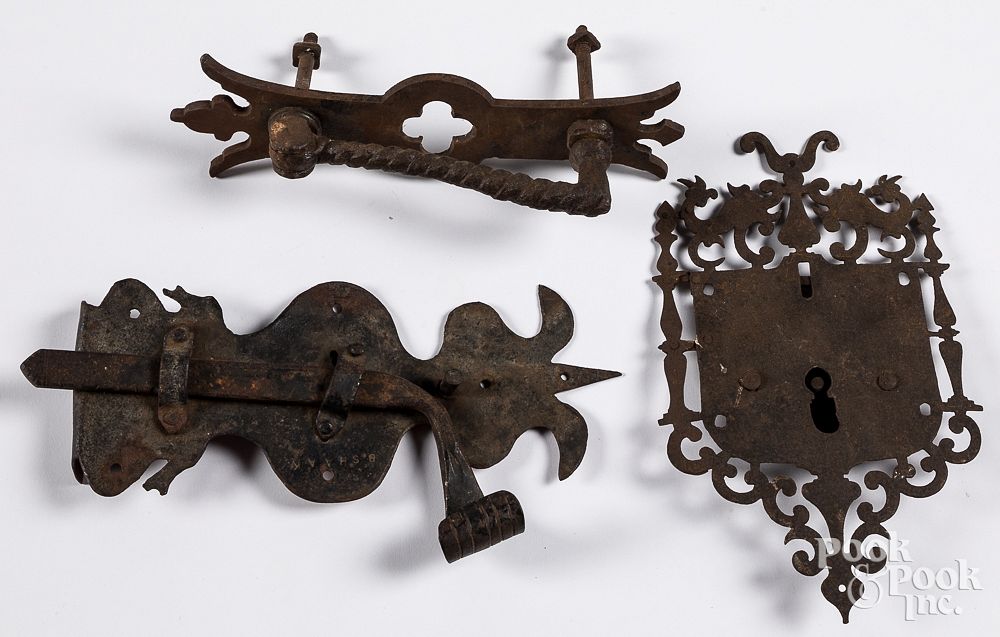 Appraisal: Wrought iron door hardware th c Wrought iron door hardware