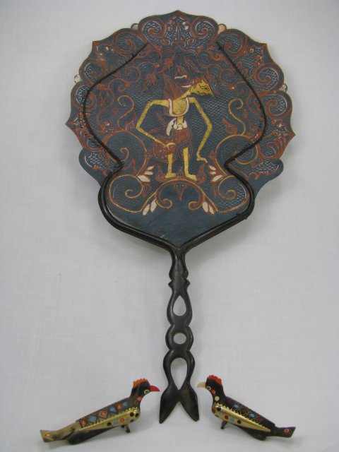 Appraisal: Fan with delicately carved wood handle hand painted cut paper