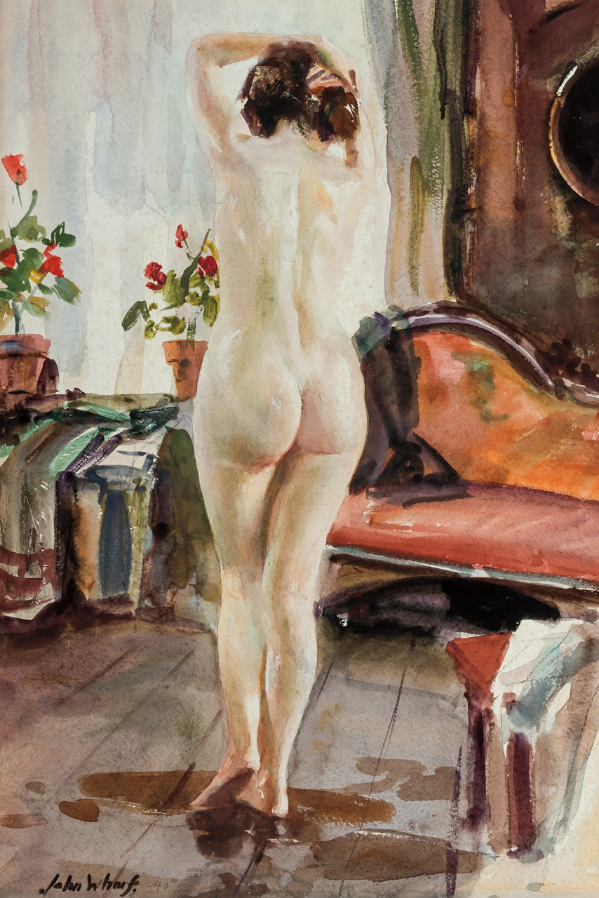 Appraisal: JOHN WHORF American - Nude with Geraniums watercolor signed lower