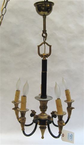 Appraisal: FIVE LIGHT CHANDELIER cast black metal with gold accents central