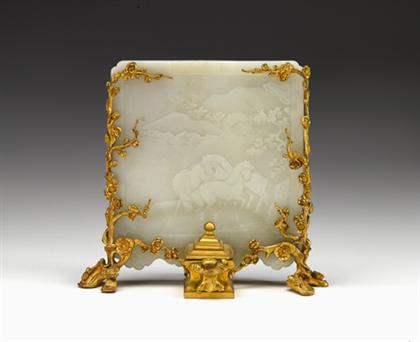 Appraisal: Fine Chinese white jade table screen and French gilt-bronze stand