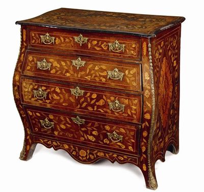 Appraisal: A Dutch walnut and floral marquetry serpentine front bombe commode