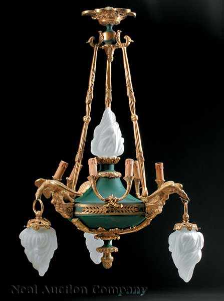 Appraisal: An Empire-Style Gilt Bronze Ten-Light Chandelier the green body with