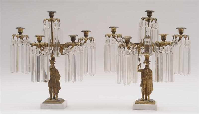 Appraisal: PAIR OF VICTORIAN GILT-METAL CUT-GLASS AND MARBLE FIVE-LIGHT CANDELABRA Each