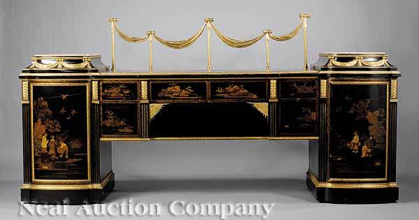 Appraisal: An Antique Regency-Style Lacquered and Chinoiserie-Decorated Bronze-Mounted Pedestal Sideboard with