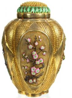 Appraisal: Chinese Silver Jade Enamel Tea Caddy Chinese Silver Jade Enamel