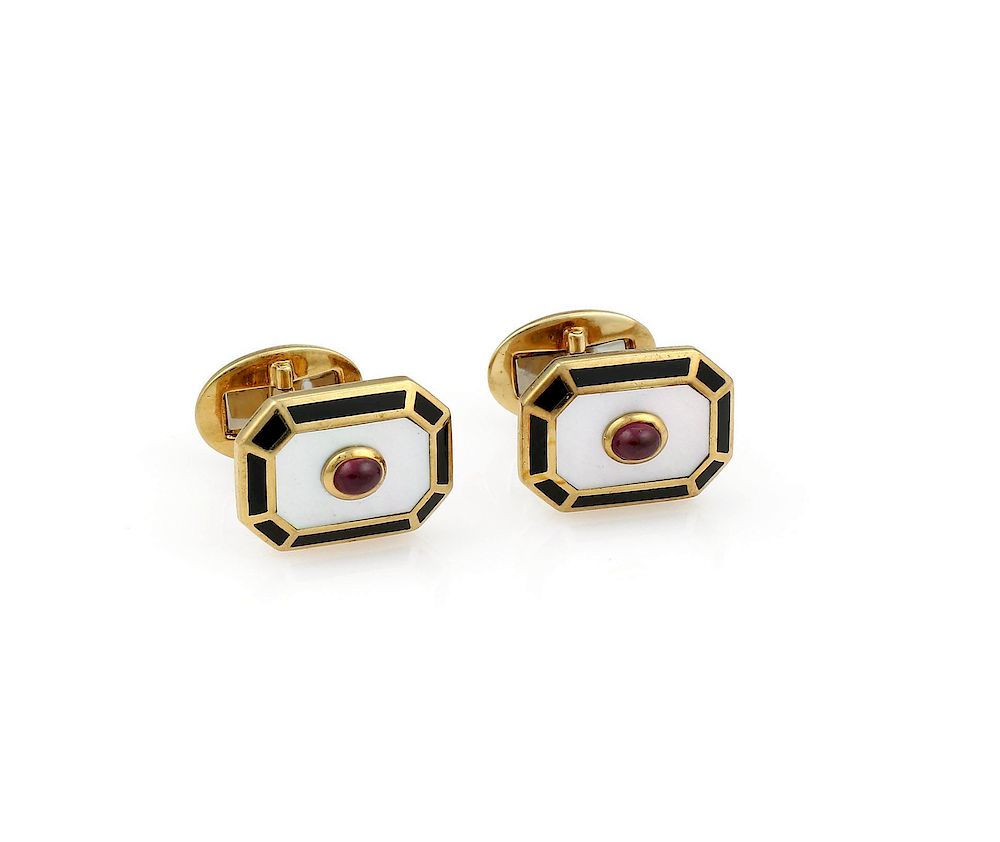 Appraisal: K YG Ruby Mother of Pearl Cufflinks No Reserve k