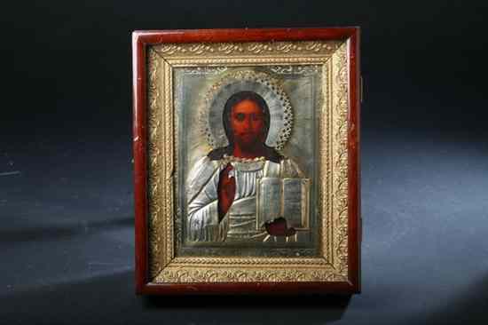 Appraisal: RUSSIAN ICON CHRIST PANTOCRATOR MZ Cyrillic maker's mark Moscow circa