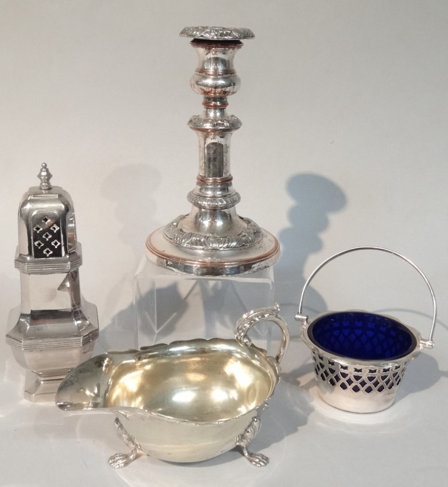 Appraisal: Various silver and plate comprising an Old Sheffield plate candlestick