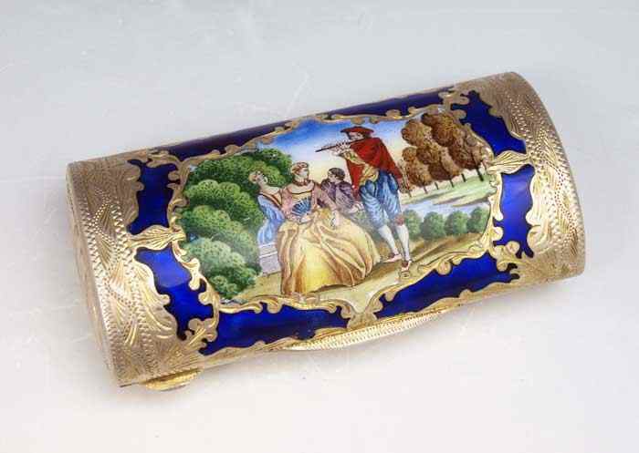 Appraisal: CONTINENTAL ENAMELED SILVER BOX Embossed silver hinged box vermeil interior