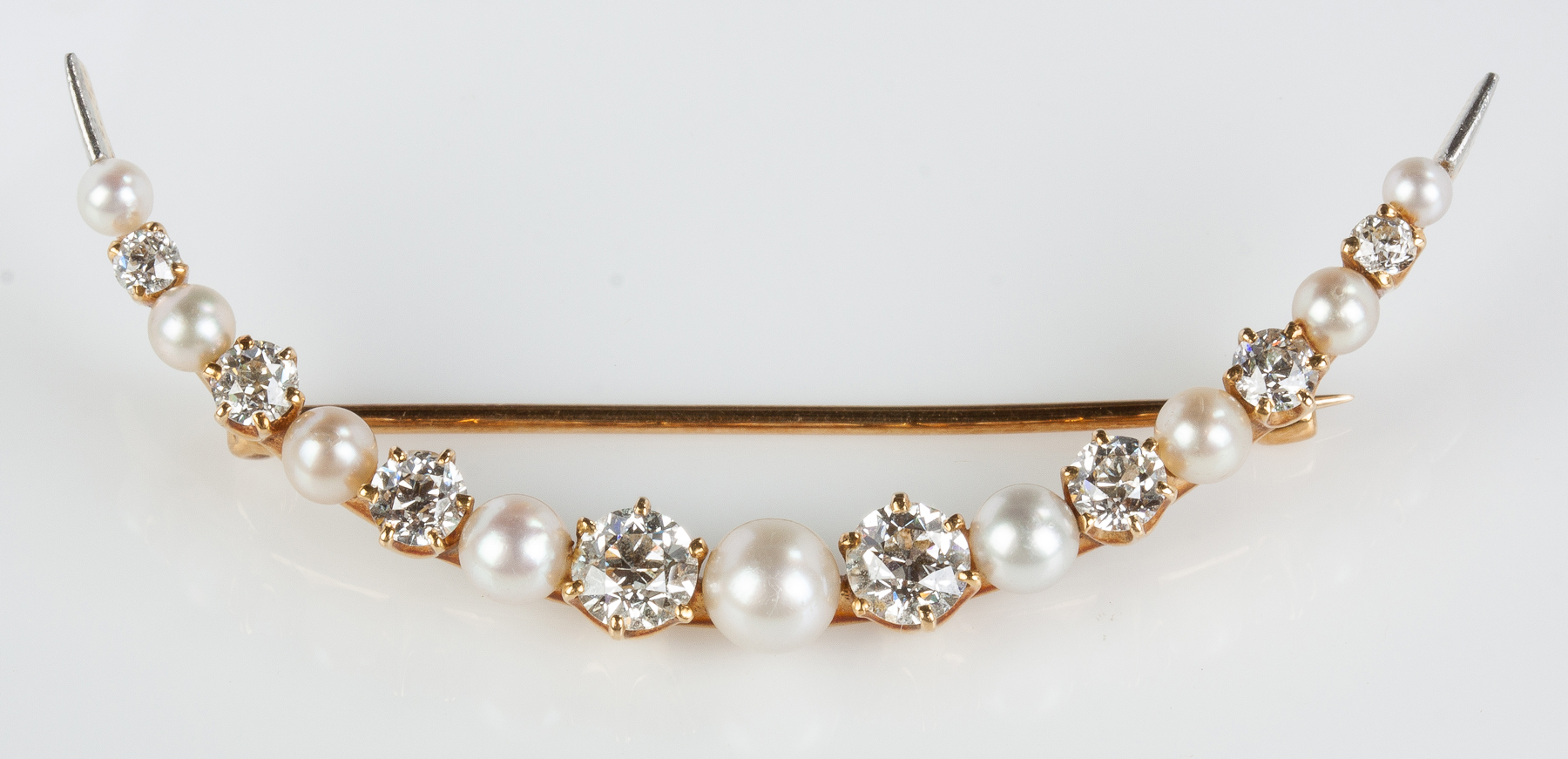 Appraisal: Tiffany Co K Gold Diamond and Pearl Crescent Shaped Brooch