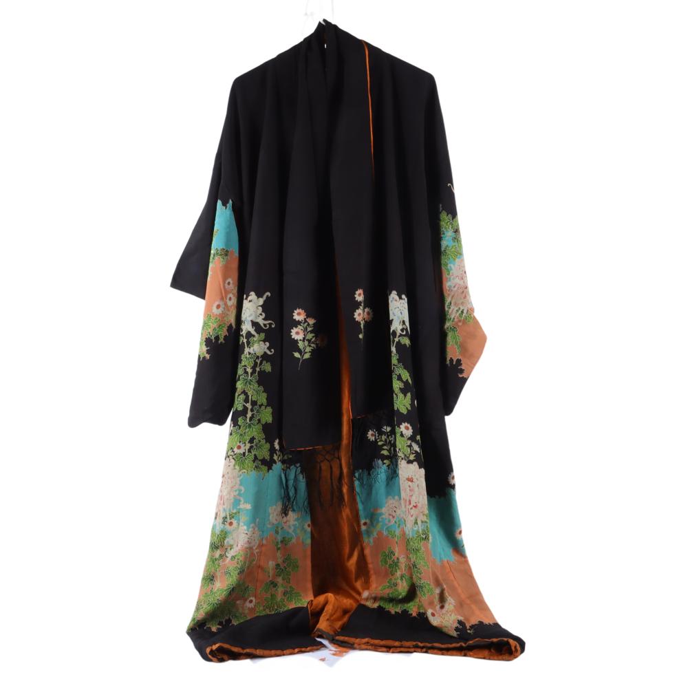 Appraisal: JAPANESE SILK KIMONO WITH CHRYSANTHEMUMS ON BLACK GROUND EARLY TH